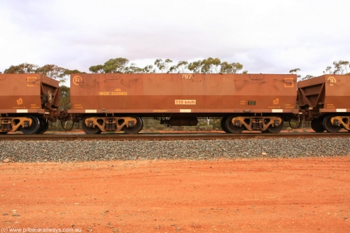 100822 5991
WOE type iron ore waggon WOE 33298 is one of a batch of one hundred and forty one built by United Goninan WA between November 2005 and April 2006 with serial number 950142-003 and fleet number 797 for Koolyanobbing iron ore operations, Binduli Triangle August 22, 2010.
Keywords: WOE-type;WOE33298;United-Goninan-WA;950142-003;