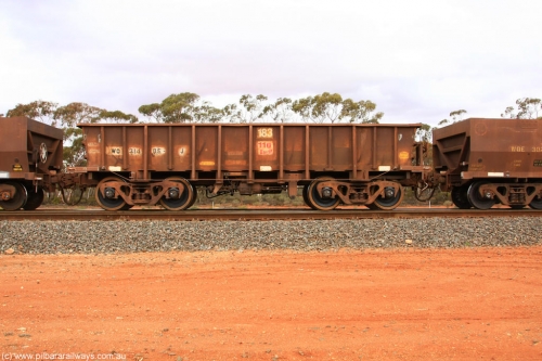 100822 5996
WO type iron ore waggon WO 31405 is one of a batch of eleven replacement waggons built by WAGR Midland Workshops between 1970 and 1971 with fleet number 183 for Koolyanobbing iron ore operations, with a 75 ton and 1018 ft³ capacity, Binduli Triangle August 22, 2010.
Keywords: WO-type;WO31405;WAGR-Midland-WS;