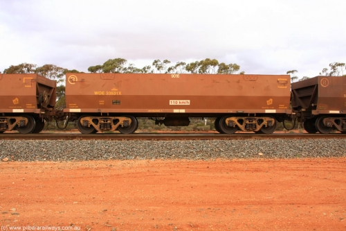 100822 6007
WOE type iron ore waggon WOE 33531 is one of a batch of one hundred and twenty eight built by United Group Rail WA between August 2008 and March 2009 with serial number 950211-071 and fleet number 9016 for Koolyanobbing iron ore operations, Binduli Triangle August 22, 2010.
Keywords: WOE-type;WOE33531;United-Group-Rail-WA;950211-071;