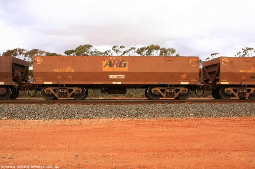 100822 6008
WOE type iron ore waggon WOE 33470 is one of a batch of one hundred and twenty eight built by United Group Rail WA between August 2008 and March 2009 with serial number 950211-012 and fleet number 8970 for Koolyanobbing iron ore operations, the 8 being a addition due to fleet size, build date of 06/2006 with a revised load of 82.5 tonnes, with PORTMAN painted out and an ARG decal applied to the side, Binduli Triangle August 22, 2010.
Keywords: WOE-type;WOE33470;United-Group-Rail-WA;950211-012;