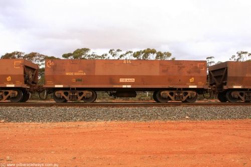 100822 6010
WOE type iron ore waggon WOE 33316 is one of a batch of one hundred and forty one built by United Goninan WA between November 2005 and April 2006 with serial number 950142-021 and fleet number 815 for Koolyanobbing iron ore operations, Binduli Triangle August 22, 2010.
Keywords: WOE-type;WOE33316;United-Goninan-WA;950142-021;