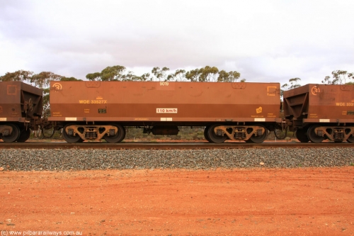 100822 6011
WOE type iron ore waggon WOE 33527 is one of a batch of one hundred and twenty eight built by United Group Rail WA between August 2008 and March 2009 with serial number 950211-067 and fleet number 9019 for Koolyanobbing iron ore operations, Binduli Triangle August 22, 2010.
Keywords: WOE-type;WOE33527;United-Group-Rail-WA;950211-067;