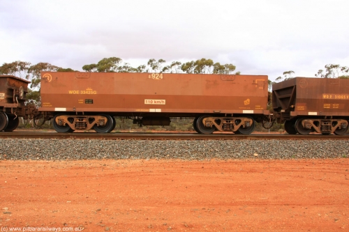 100822 6015
WOE type iron ore waggon WOE 33425 is one of a batch of one hundred and forty one built by United Group Rail WA between November 2005 and April 2006 with serial number 950142-130 and fleet number 8924 for Koolyanobbing iron ore operations, Binduli Triangle August 22, 2010.
Keywords: WOE-type;WOE33425;United-Group-Rail-WA;950142-130;
