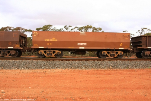 100822 6018
WOE type iron ore waggon WOE 33560 is one of a batch of one hundred and twenty eight built by United Group Rail WA between August 2008 and March 2009 with serial number 950211-100 and fleet number 9050 for Koolyanobbing iron ore operations, Binduli Triangle August 22, 2010.
Keywords: WOE-type;WOE33560;United-Group-Rail-WA;950211-100;