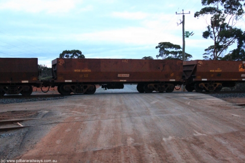 100822 6218
WOE type iron ore waggon WOE 33383 is one of a batch of one hundred and forty one built by United Group Rail WA between November 2005 and April 2006 with serial number 950142-088 and fleet number 882 for Koolyanobbing iron ore operations, on empty train 1416 at Hampton, August 22, 2010.
Keywords: WOE-type;WOE33383;United-Group-Rail-WA;950142-088;