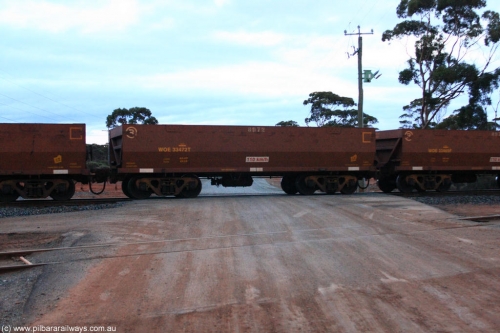 100822 6224
WOE type iron ore waggon WOE 33472 is one of a batch of one hundred and twenty eight built by United Group Rail WA between August 2008 and March 2009 with serial number 950211-014 and fleet number 8972 for Koolyanobbing iron ore operations, on empty train 1416 at Hampton, August 22, 2010.
Keywords: WOE-type;WOE33472;United-Group-Rail-WA;950211-014;
