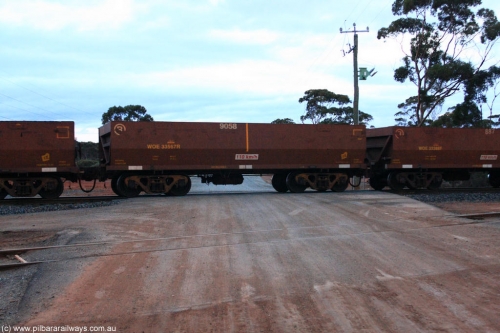 100822 6227
WOE type iron ore waggon WOE 33567 is one of a batch of one hundred and twenty eight built by United Group Rail WA between August 2008 and March 2009 with serial number 950211-107 and fleet number 9058 for Koolyanobbing iron ore operations, on empty train 1416 at Hampton, August 22, 2010.
Keywords: WOE-type;WOE33567;United-Group-Rail-WA;950211-107;