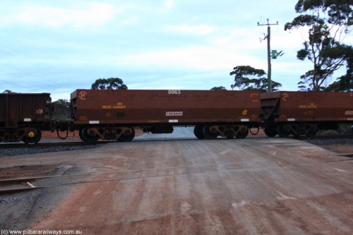 100822 6234
WOE type iron ore waggon WOE 33468 is one of a batch of one hundred and twenty eight built by United Group Rail WA between August 2008 and March 2009 with serial number 950211-010 and fleet number 8963 for Koolyanobbing iron ore operations, on empty train 1416 at Hampton, August 22, 2010.
Keywords: WOE-type;WOE33468;United-Group-Rail-WA;950211-010;