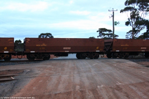 100822 6235
WOE type iron ore waggon WOE 33376 is one of a batch of one hundred and forty one built by United Goninan WA between November 2005 and April 2006 with serial number 950142-081 and fleet number 875 for Koolyanobbing iron ore operations, on empty train 1416 at Hampton, August 22, 2010.
Keywords: WOE-type;WOE33376;United-Goninan-WA;950142-081;