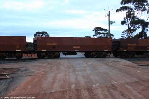 100822 6241
WOE type iron ore waggon WOE 33403 is one of a batch of one hundred and forty one built by United Group Rail WA between November 2005 and April 2006 with serial number 950142-108 and fleet number 8902 for Koolyanobbing iron ore operations, on empty train 1416 at Hampton, August 22, 2010.
Keywords: WOE-type;WOE33403;United-Group-Rail-WA;950142-108;