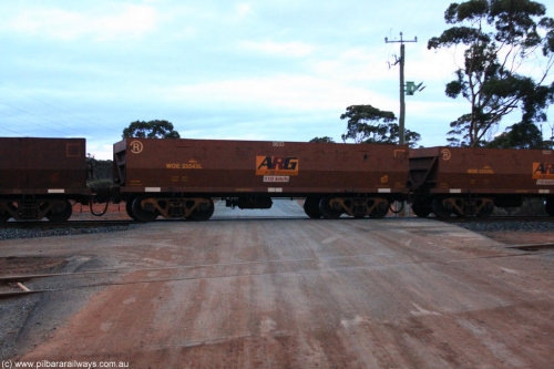 100822 6244
WOE type iron ore waggon WOE 33543 is one of a batch of one hundred and twenty eight built by United Group Rail WA between August 2008 and March 2009 with serial number 950211-083 and fleet number 9033 for Koolyanobbing iron ore operations, on empty train 1416 at Hampton, August 22, 2010.
Keywords: WOE-type;WOE33543;United-Group-Rail-WA;950211-083;
