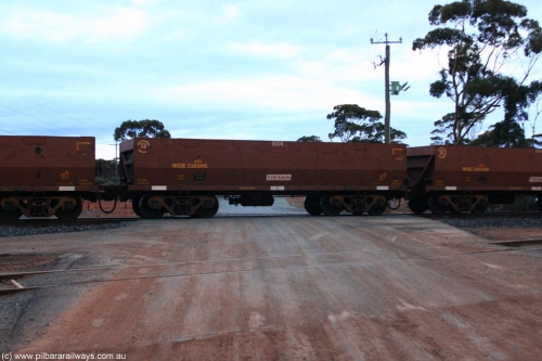 100822 6246
WOE type iron ore waggon WOE 33509 is one of a batch of one hundred and twenty eight built by United Group Rail WA between August 2008 and March 2009 with serial number 950211-049 and fleet number 9004 for Koolyanobbing iron ore operations, on empty train 1416 at Hampton, August 22, 2010.
Keywords: WOE-type;WOE33509;United-Group-Rail-WA;950211-049;
