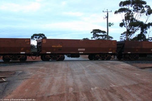 100822 6247
WOE type iron ore waggon WOE 33534 is one of a batch of one hundred and twenty eight built by United Group Rail WA between August 2008 and March 2009 with serial number 950211-074 and fleet number 9026 for Koolyanobbing iron ore operations, on empty train 1416 at Hampton, August 22, 2010.
Keywords: WOE-type;WOE33534;United-Group-Rail-WA;950211-074;