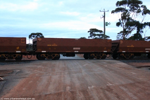 100822 6252
WOE type iron ore waggon WOE 33525 is one of a batch of one hundred and twenty eight built by United Group Rail WA between August 2008 and March 2009 with serial number 950211-065 and fleet number 9038 for Koolyanobbing iron ore operations, on empty train 1416 at Hampton, August 22, 2010.
Keywords: WOE-type;WOE33525;United-Group-Rail-WA;950211-065;