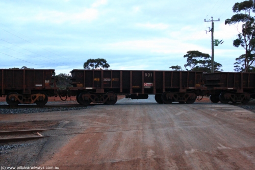 100822 6258
WOD type iron ore waggon WOD 31300 is one of a batch of sixty two built by Goninan WA between April and August 2000 with serial number 950086-011 and fleet number 501 for Koolyanobbing iron ore operations with a 75 ton capacity and a replacement for a WO type waggon number, for Portman Mining to cart their Koolyanobbing iron ore to Esperance, on empty train 1416 at Hampton, August 22, 2010.
Keywords: WOD-type;WOD31300;Goninan-WA;950086-011;