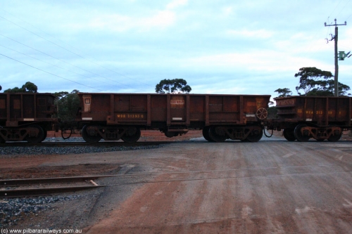 100822 6260
WOB type iron ore waggon WOB 31393 is one of a batch of twenty five built by Comeng WA between 1974 and 1975 and converted from Mt Newman high sided waggons by WAGR Midland Workshops with a capacity of 67 tons with fleet number 318 for Koolyanobbing iron ore operations. This waggon was also converted to a WSM type ballast hopper by re-fitting the cut down top section and having bottom discharge doors fitted, converted back to WOB in 1998, on empty train 1416 at Hampton, August 22, 2010.
Keywords: WOB-type;WOB31393;Comeng-WA;WSM-type;Mt-Newman-Mining;