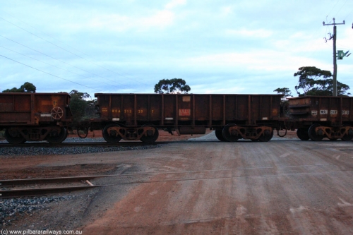 100822 6261
WOA type iron ore waggon WOA 31339 is one of a batch of thirty nine built by WAGR Midland Workshops between 1970 and 1971 with fleet number 217 for Koolyanobbing iron ore operations, with a 75 ton and 1018 ft³ capacity, on empty train 1416 at Hampton, August 22, 2010.
Keywords: WOA-type;WOA31339;WAGR-Midland-WS;