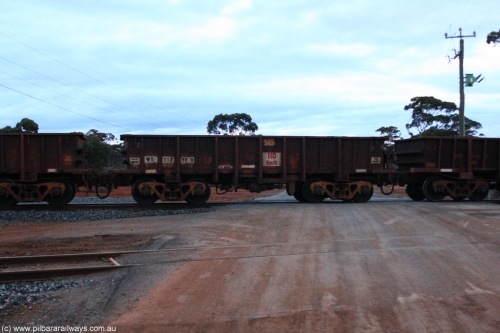 100822 6262
WO type iron ore waggon WO 31258 is one of a batch of eighty six built by WAGR Midland Workshops between 1967 and March 1968 with fleet number 145 for Koolyanobbing iron ore operations, with a 75 ton and 1018 ft³ capacity, on empty train 1416 at Hampton, 22nd August 2010. This unit was converted to WOS superphosphate in the late 1980s till 1994 when it was re-classed back to WO.
Keywords: WO-type;WO31258;WAGR-Midland-WS;WOS-type;