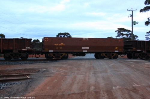 100822 6266
WOE type iron ore waggon WOE 33583 is one of a batch of one hundred and twenty eight built by United Group Rail WA between August 2008 and March 2009 with serial number 950211-123 and fleet number 9079 for Koolyanobbing iron ore operations, on empty train 1416 at Hampton, August 22, 2010.
Keywords: WOE-type;WOE33583;United-Group-Rail-WA;950211-123;