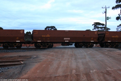 100822 6279
WOE type iron ore waggon WOE 33520 is one of a batch of one hundred and twenty eight built by United Group Rail WA between August 2008 and March 2009 with serial number 950211-060 and fleet number 9069 for Koolyanobbing iron ore operations, on empty train 1416 at Hampton, August 22, 2010.
Keywords: WOE-type;WOE33520;United-Group-Rail-WA;950211-060;