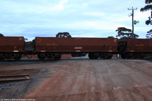 100822 6282
WOE type iron ore waggon WOE 33481 is one of a batch of one hundred and twenty eight built by United Group Rail WA between August 2008 and March 2009 with serial number 950211-023 and fleet number 8975 for Koolyanobbing iron ore operations, on empty train 1416 at Hampton, August 22, 2010.
Keywords: WOE-type;WOE33481;United-Group-Rail-WA;950211-023;
