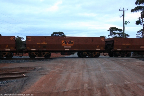 100822 6286
WOE type iron ore waggon WOE 33502 is one of a batch of one hundred and twenty eight built by United Group Rail WA between August 2008 and March 2009 with serial number 950211-042 and fleet number 8994 for Koolyanobbing iron ore operations with ARG decal, on empty train 1416 at Hampton, August 22, 2010.
Keywords: WOE-type;WOE33502;United-Group-Rail-WA;950211-042;