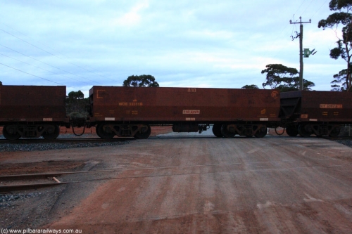 100822 6295
WOE type iron ore waggon WOE 33311 is one of a batch of one hundred and forty one built by United Goninan WA between November 2005 and April 2006 with serial number 950142-016 and fleet number 810 for Koolyanobbing iron ore operations, on empty train 1416 at Hampton, August 22, 2010.
Keywords: WOE-type;WOE33311;United-Goninan-WA;950142-016;