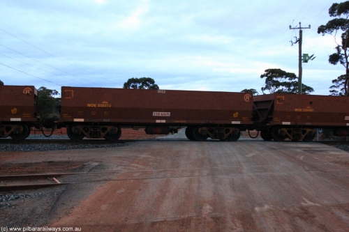 100822 6301
WOE type iron ore waggon WOE 33557 is one of a batch of one hundred and twenty eight built by United Group Rail WA between August 2008 and March 2009 with serial number 950211-097 and fleet number 9052 for Koolyanobbing iron ore operations, on empty train 1416 at Hampton, August 22, 2010.
Keywords: WOE-type;WOE33557;United-Group-Rail-WA;950211-097;