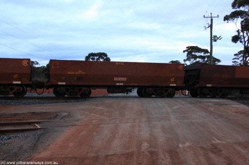 100822 6312
WOE type iron ore waggon WOE 33415 is one of a batch of one hundred and forty one built by United Group Rail WA between November 2005 and April 2006 with serial number 950142-120 and fleet number 8914 for Koolyanobbing iron ore operations, on empty train 1416 at Hampton, August 22, 2010.
Keywords: WOE-type;WOE33415;United-Group-Rail-WA;950142-120;