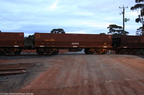 100822 6328
WOE type iron ore waggon WOE 33558 is one of a batch of one hundred and twenty eight built by United Group Rail WA between August 2008 and March 2009 with serial number 950211-098 and fleet number 9055 for Koolyanobbing iron ore operations, on empty train 1416 at Hampton, August 22, 2010.
Keywords: WOE-type;WOE33558;United-Group-Rail-WA;950211-098;