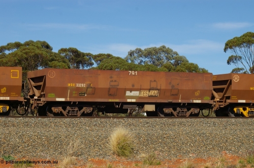 PD 10240
Binduli, WOE type iron ore waggon WOE 33292, fleet number 791, set up as a test car, and build date of 04/2005 with a revised load of 82.5 tonnes, is a United Goninan build of the current style of 83 tonne load capacity WOE class waggon built for Koolyanobbing iron ore train service with PORTMAN painted out, 20th May 2012.
Keywords: Peter-D-Image;WOE-type;WOE33292;test-car;United-Goninan-WA;950104-032;