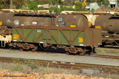 PD 12590
West Kalgoorlie, AOPY type iron ore waggon AOPY 32409 with fleet number 938, one of seventy ex ANR coal waggons rebuilt from AOKF class by Bluebird Engineering SA in service with ARG on Koolyanobbing iron ore trains. They used to be three metres longer and originally built by Metropolitan Cammell Britain as GB class in 1952-55.
Keywords: Peter-D-Image;AOPY-type;AOPY32409;Bluebird-Engineering-SA;Metropolitan-Cammell-Britain;GB-type;