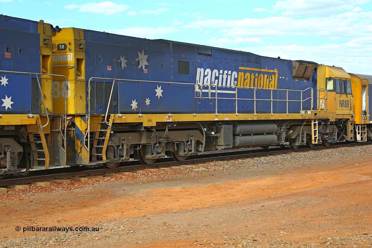 210407 9831
Parkeston, Pacific National's NR class unit NR 88, second unit on intermodal freight service 2MP5. NR 88 was built by Goninan WA for National Rail in 1997 and is a GE Cv40-9i model with serial number 7250-05 / 97-290. 7th of April 2021.
Keywords: NR-class;NR88;Goninan-WA;GE;Cv40-9i;7250-05/97-290;