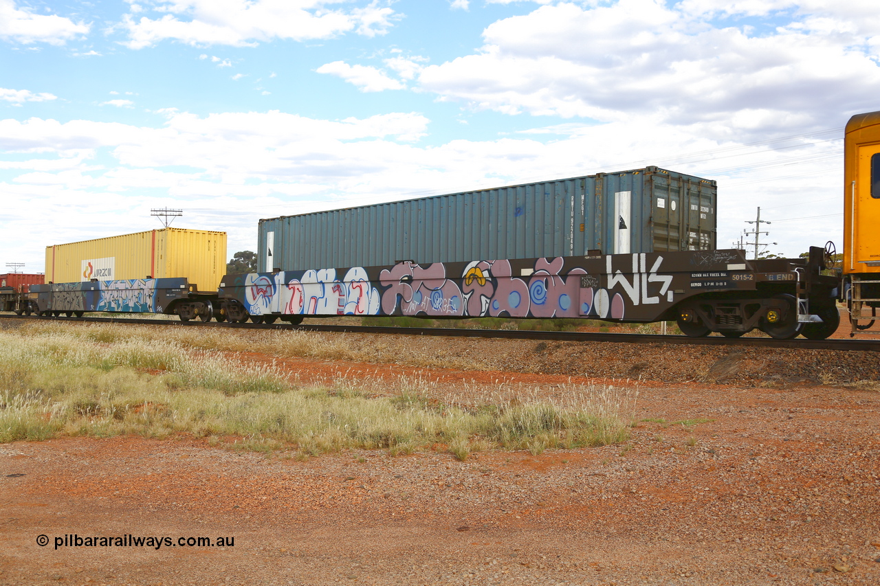 210407 9848
Parkeston, 2MP5 intermodal train, CQWY type well waggon pair CQWY 5015, platform 2 with a Royal Wolf 48' type MFG1 container RWTU 922049 and platform 1 with Aurizon 48' MFGB type container AEHQ 100608. The CQWY well waggon pairs were built by Bluebird Rail Operations SA in a batch of sixty pairs in 2008 for CFCLA.
Keywords: CQWY-type;CQWY5015;CFCLA;Bluebird-Rail-Operations-SA;