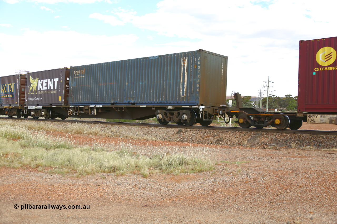 210407 9883
Parkeston, 2MP5 intermodal train, RQFY type flat waggon RQFY 90, originally built by Victorian Railways Bendigo Workshops in 1980 as part of a batch of seventy five VQFX type skeletal flats. Recoded to VQFY in 1985, then RQFY for National Rail in 1994. Loaded with a Sea2Rail SCF 40' 4EG1 type container for Austrans SCFU 408263 and a Kent Removals and Storage 20' 25G1 type container KENU 919295.
Keywords: RQFY-type;RQFY90;Victorian-Railways-Bendigo-WS;VQFX-type;VQFY-type;RQFF-type;