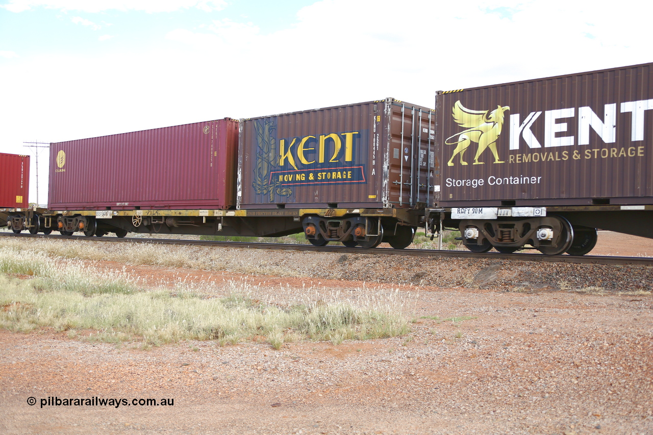 210407 9884
Parkeston, 2MP5 intermodal train, RQSY type container waggon RQSY 34387 was originally built by Goninan NSW as an OCY type in a batch of one hundred in 1974/75. Recoded to NQOY, then NQSY, then to National Rail as RQSY in 1994. Loaded with a Kent Moving and Storage 20' 25G1 type container KENU 100445 and a 40' 4FG1 type container for CS Leasing SLZU 760025.
Keywords: RQSY-type;RQSY34387;Goninan-NSW;OCY-type;NQOY-type;