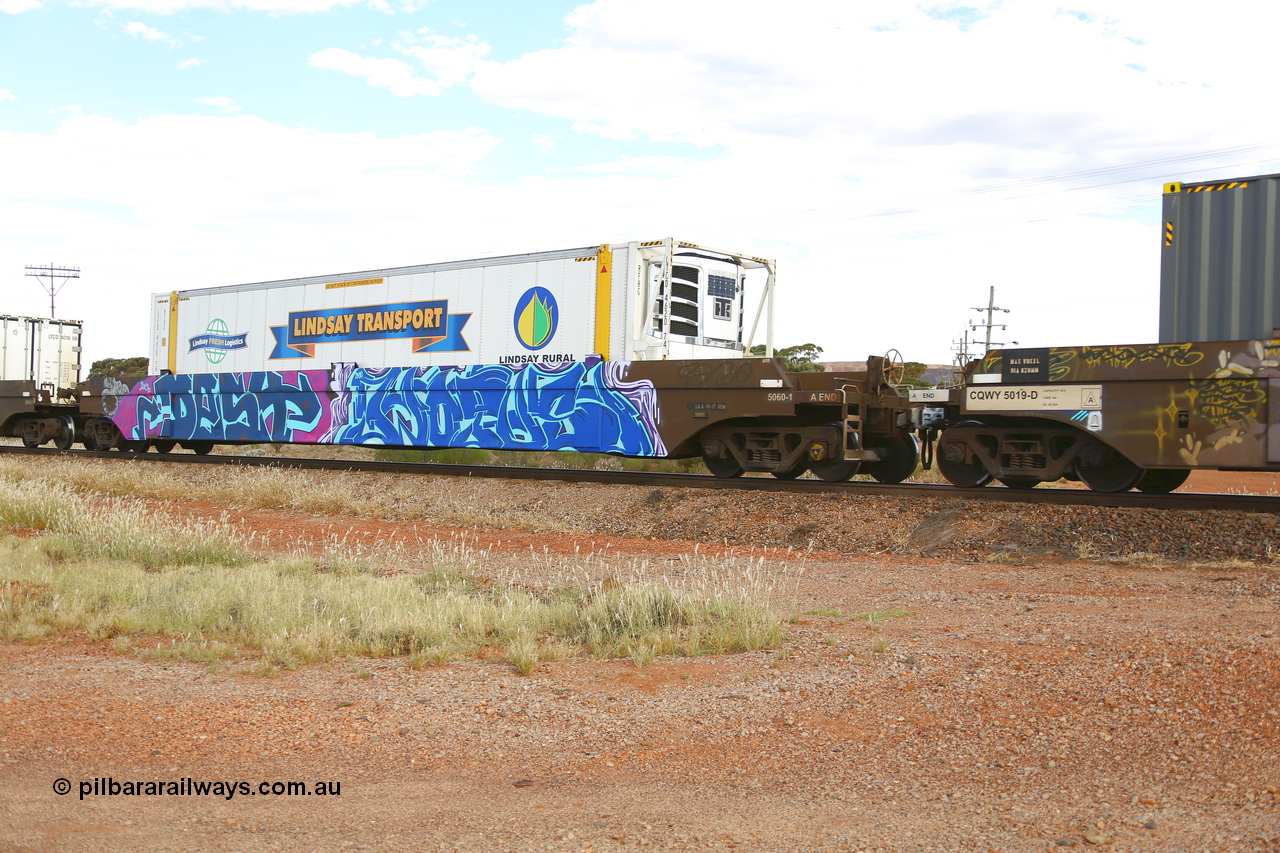 210407 9893
Parkeston, 2MP5 intermodal train, CQWY type well waggon CQWY 5060 well 1, the final set of well waggon pairs were built by Bluebird Rail Operations SA in a batch of sixty pairs in 2008 for CFCLA. Loaded with an RFRG 46' Lindsay Transport reefer LTCD 462074.
Keywords: CQWY-type;CQWY5060;CFCLA;Bluebird-Rail-Operations-SA;