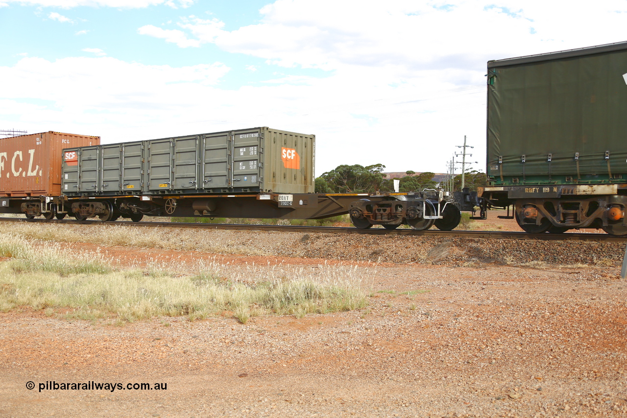 210407 9901
Parkeston, 2MP5 intermodal train, RQHY type 3 TEU container waggon RQHY 7002, built by Qiqihar Rollingstock Works in China as part of a seventy eight unit order in 2005/06 for Pacific National. Loaded with an SCF half height side door 40' container SCFU 617028.
Keywords: RQHY-type;RQHY7002;Qiqihar-Rollingstock-Works-China;