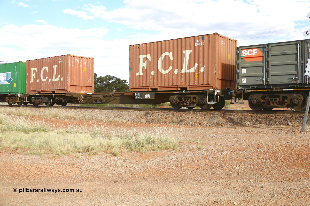 210407 9902
Parkeston, 2MP5 intermodal train, RQHY type 3 TEU container waggon RQHY 7055, built by Qiqihar Rollingstock Works in China as part of a seventy eight unit order in 2005/06 for Pacific National. Loaded with two FCL 20' containers FCGU 960460 and FCGU 960473.
Keywords: RQHY-type;RQHY7055;Qiqihar-Rollingstock-Works-China;