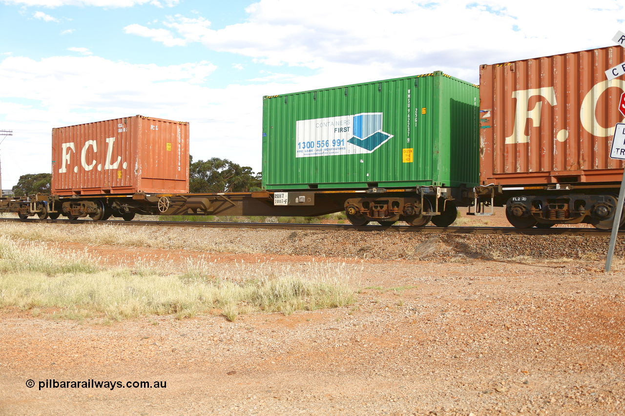 210407 9903
Parkeston, 2MP5 intermodal train, RQHY type 3 TEU container waggon RQHY 7007, built by Qiqihar Rollingstock Works in China as part of a seventy eight unit order in 2005/06 for Pacific National. Loaded with two 20' containers,  25G1 type Containers First WMSU 962237 and FCL's FCGU 960470.
Keywords: RQHY-type;RQHY7007;Qiqihar-Rollingstock-Works-China;