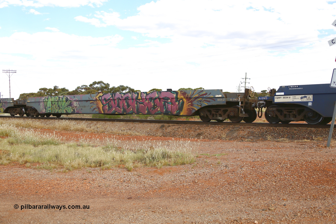 210407 9914
Parkeston, 2MP5 intermodal train, CQWY type well waggon CQWY 5035 well 2, the well waggon pairs were built by Bluebird Rail Operations SA in a batch of sixty pairs in 2008 for CFCLA.
Keywords: CQWY-type;CQWY5035;CFCLA;Bluebird-Rail-Operations-SA;