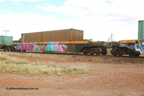210407 9888
Parkeston, 2MP5 intermodal train, RRZY 7049 platform 3 of 5-pack well waggon set. Originally was an RQZY type, a five unit bar coupled well container waggon built as one of a batch of thirty two by Goninan NSW for National Rail in 1995/96. Recoded to RRZY when repaired. Loaded with an SCF 40' 4EG1 type container for Austrans AUSU 406143.
Keywords: RRZY-type;RRZY7049;Goninan-NSW;RQZY-type;