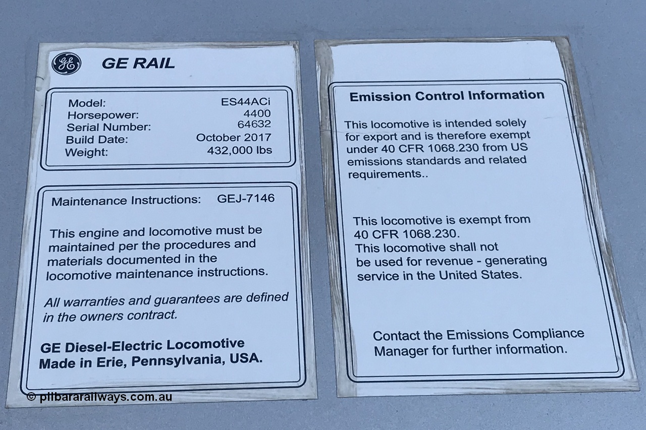 180208 4370
Cape Lambert Yard. Builders decal of brand new GE built ES44ACi unit 9126 serial 64632, built date of October 2017. 8th February 2018.
Roland Depth image.
Keywords: 9126;GE;ES44ACi;64632;