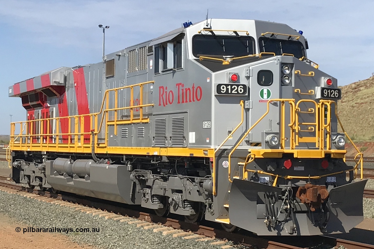 180208 4371
Cape Lambert Yard. Brand new GE built ES44ACi unit 9126 serial 64632 built date of October 2017 in owner's Rio Tinto stripe livery. 8th February 2018.
Roland Depth image.
Keywords: ES44ACi;GE;9126;64632;