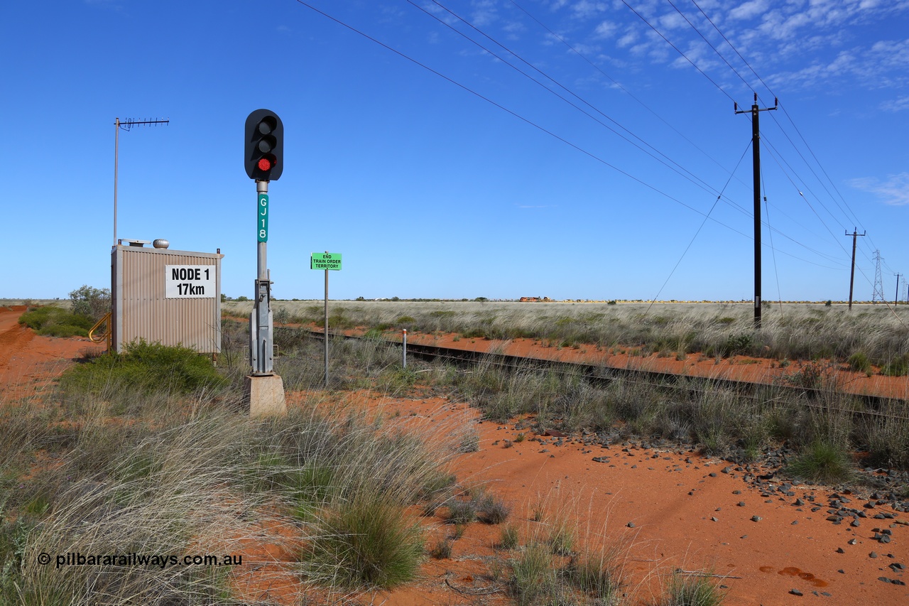 180614 1334
Goldsworthy Junction, Node 1 at the 17 km looking south west, new type LED tilt mast for signal GJ18. Steel train stabled at the junction. [url=https://goo.gl/maps/FwgdvYma93C2]GeoData[/url]. 14th June 2018.
