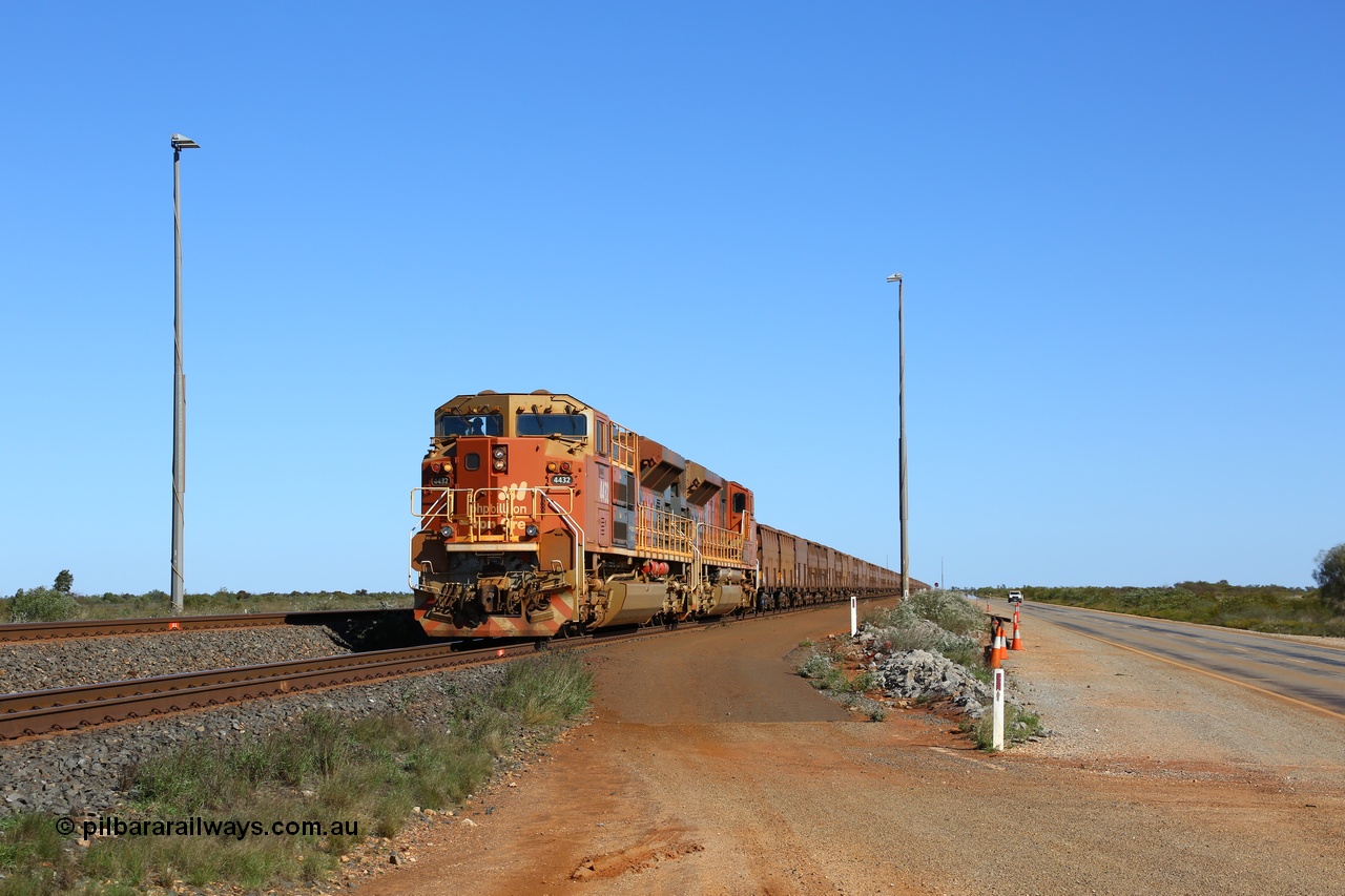 180615 1407
Bing Siding, BHP Billiton's Progress Rail built EMD model SD70ACe unit 4432 'Warlu' serial 20128866-001 leads a loaded towards the port. 15th June 2018.
Keywords: 4432;Progress-Rail-USA;EMD;SD70ACe;20128866-001;