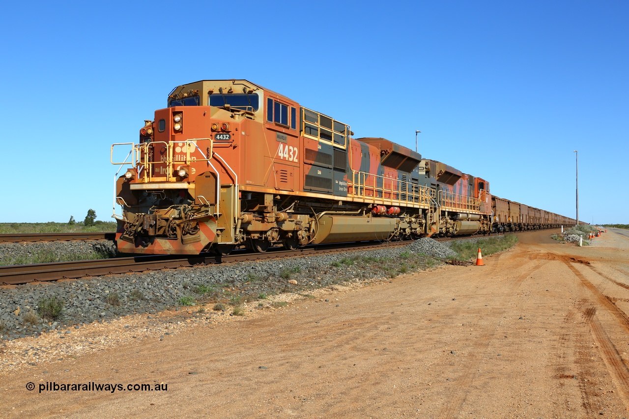 180615 1411
Bing Siding, BHP Billiton's Progress Rail built EMD model SD70ACe unit 4432 'Warlu' serial 20128866-001 leads a loaded towards the port. 15th June 2018.
Keywords: 4432;Progress-Rail-USA;EMD;SD70ACe;20128866-001;