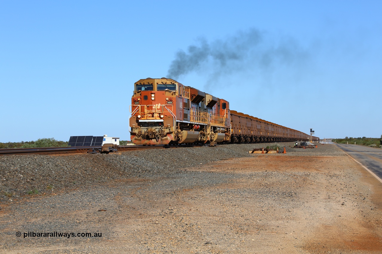 180615 1472
Bing South, BHP Billiton's Progress Rail built EMD model SD70ACe unit 4455 serial 20138907-006 with 4356 second unit powers along the west mainline with a loaded rake heading for Finucane Island. 15th June 2018.
Keywords: 4455;Progress-Rail-USA;EMD;SD70ACe;20138907-006;