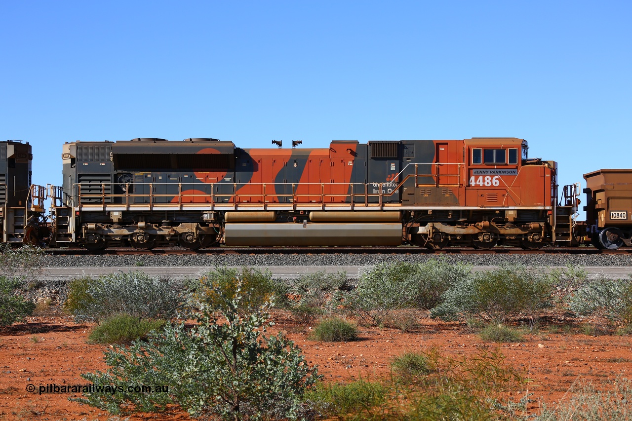 180615 1496
Mooka Yard, side view of named BHP's Progress Rail built EMD SD70ACe unit 4486 'Jenny Parkinson' serial 20148001-019. 15th June 2018.
Roland Depth photo.
Keywords: 4486;Progress-Rail-USA;EMD;SD70ACe;20148001-019;