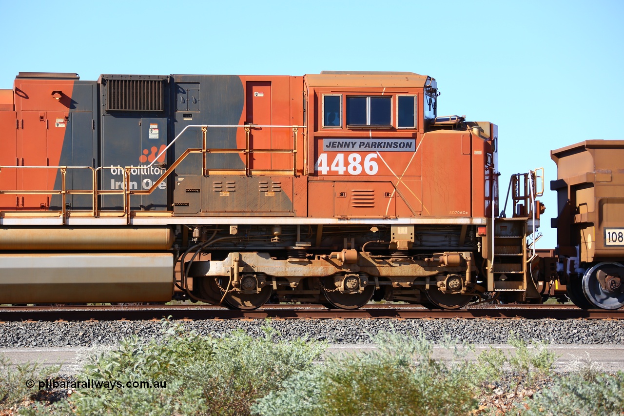 180615 1497
Mooka Yard, cab side of named BHP's Progress Rail built EMD SD70ACe unit 4486 'Jenny Parkinson' serial 20148001-019. 15th June 2018.
Roland Depth photo.
Keywords: 4486;Progress-Rail-Muncie-USA;EMD;SD70ACe/LCi;20148001-019;